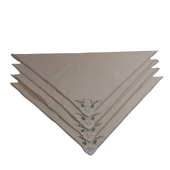 Hand Stitched Corner Floral Embroidery Tan Napkins Set Of 4 - Picture 1 of 5